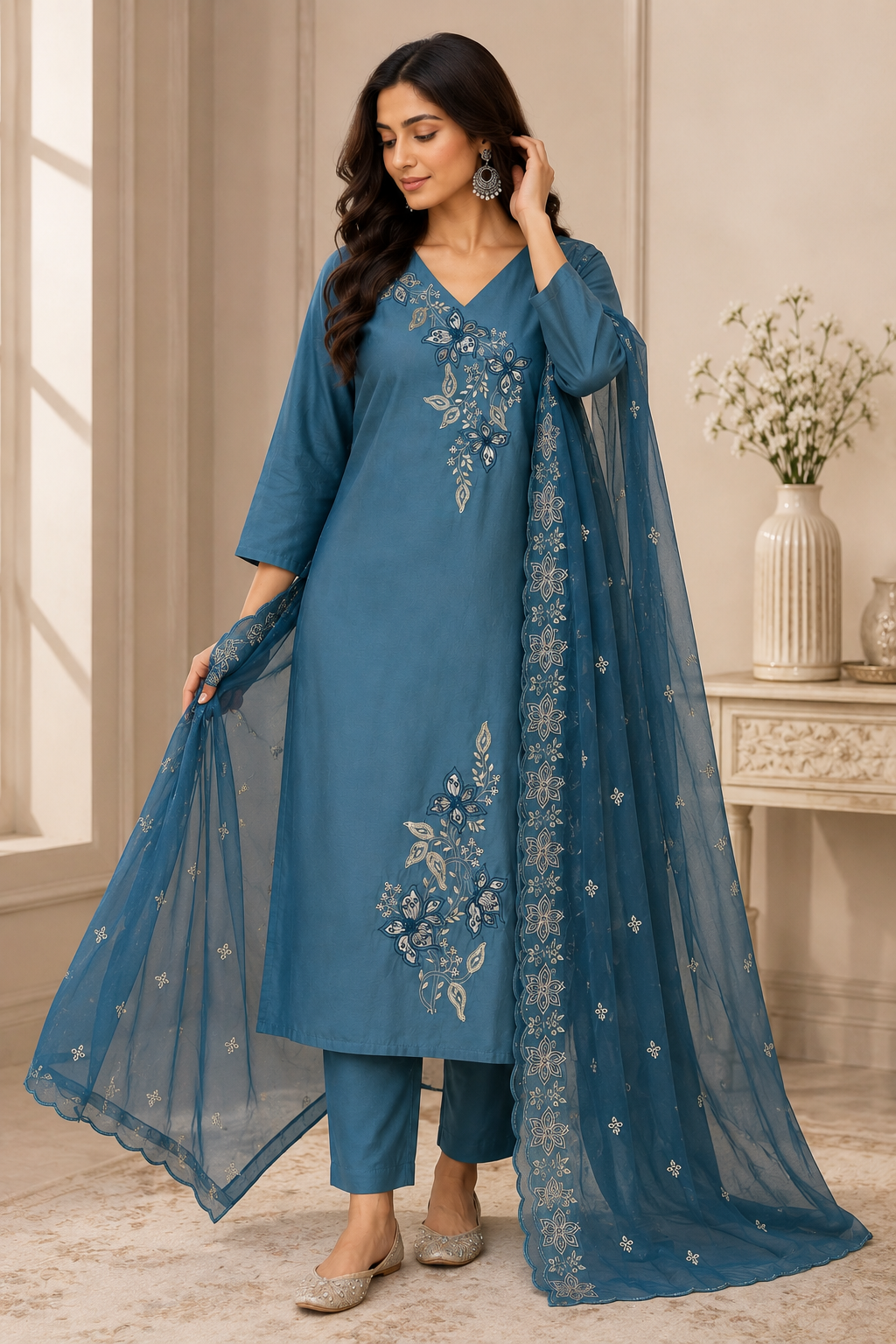 Elegant Blue Cotton Suit Set - Image 2