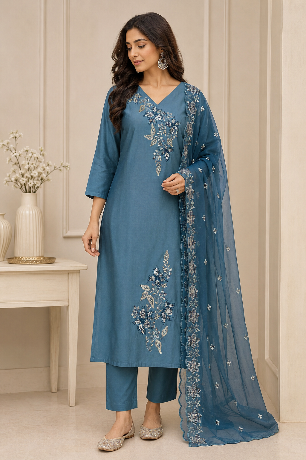 Elegant Blue Cotton Suit Set