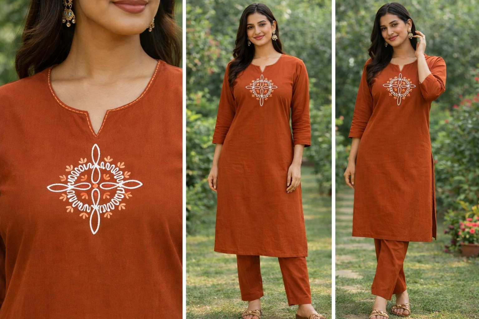 Rust Orange Cotton Kurta Set - Image 2