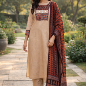 Embroidered Beige Kurta Set